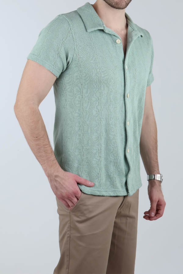 Camisa Hombre Manga Corta Tejido De Punto Verde Manzana Casual Y Fresca